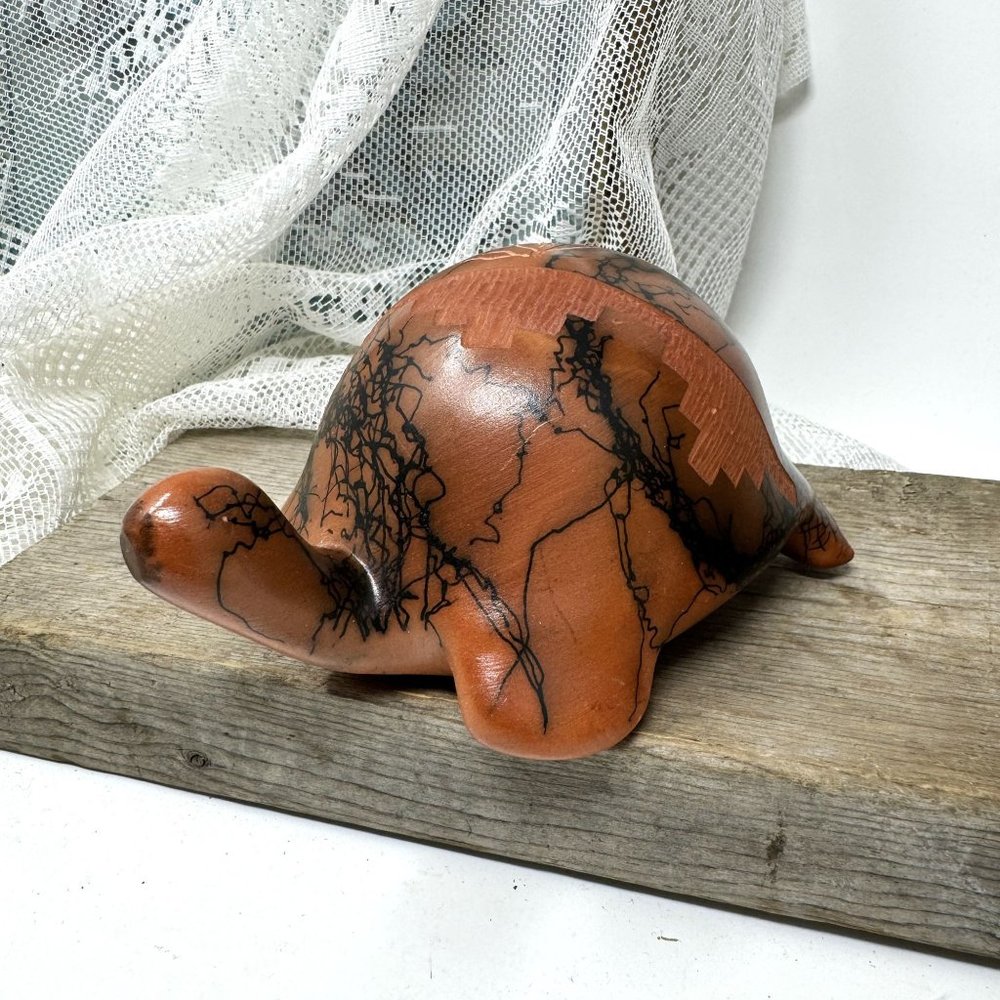 Horse Hair Pottery Hand Etched painted Turtle Signed Yazzie